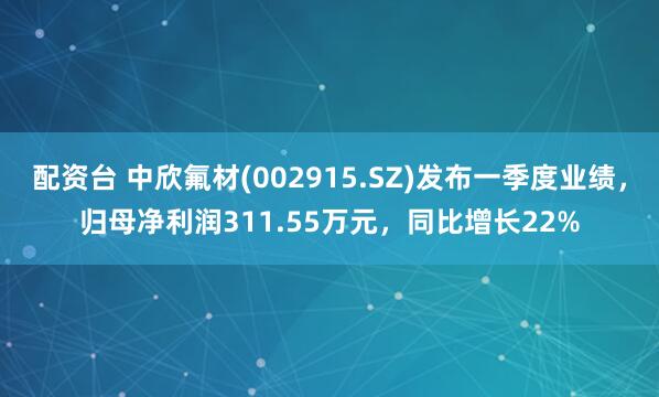 配资台 中欣氟材(002915.SZ)发布一季度业绩，归母净利润311.55万元，同比增长22%